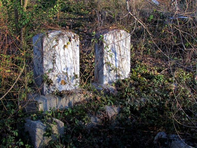 Two overgrown grave headstones