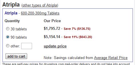 Discounted Internet individual cost for the HIV medication Atripla