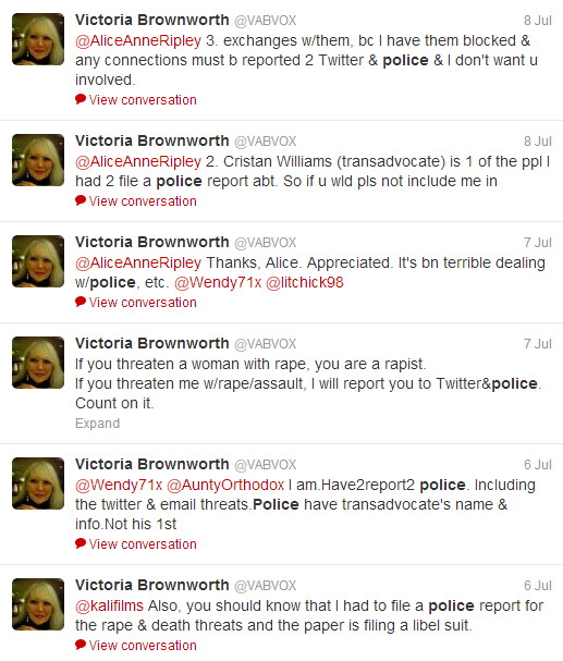 Brownworth asserts she's filed a police report